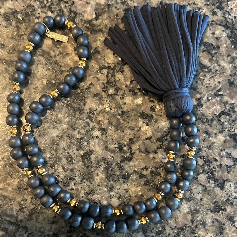 Mud Pie Navy and Gold Beaded Tassel Necklace